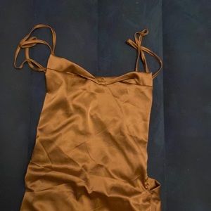 Brown Satin Cowl neck dress.